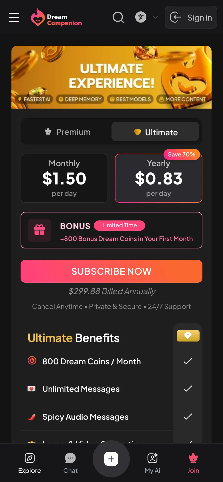 My Dream Companion pricing screen
